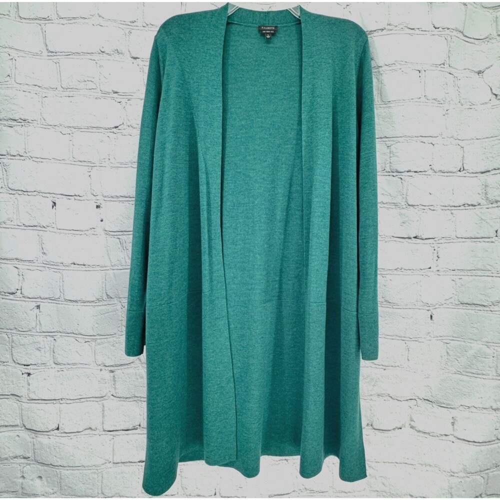 Talbots Cardigan Sweater L Green Merino Wool Open Front Lightweight Travel